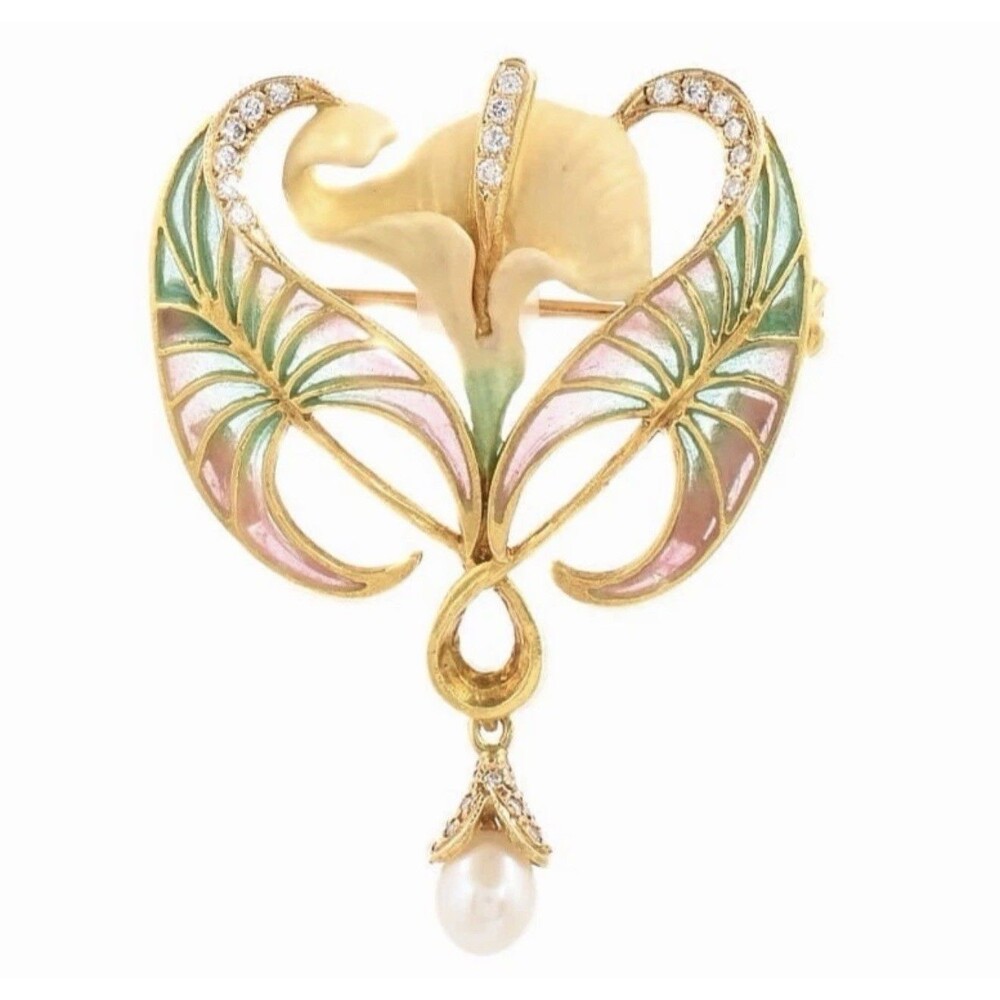 Masriera 18k Yellow Gold Enamel Diamond Pearl Lily Flower Pendant Charm Brooch